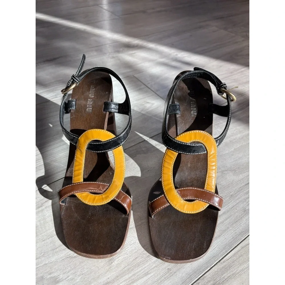 Miu Miu Colorblock Strap Women's Patent Leather Sandal Sz 38 Stacked Wood Heel - Picture 9 of 9